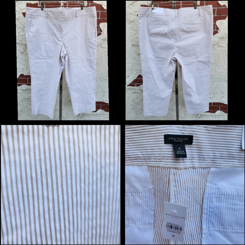 $69.99 New 16 ANN TAYLOR Factory white stripe seersucker CROP pants cotton blend